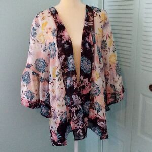 STYLE & CO Floral Open Front Cardigan 3/4 Bell Sleeves Midi Swim Cover-up Boho L